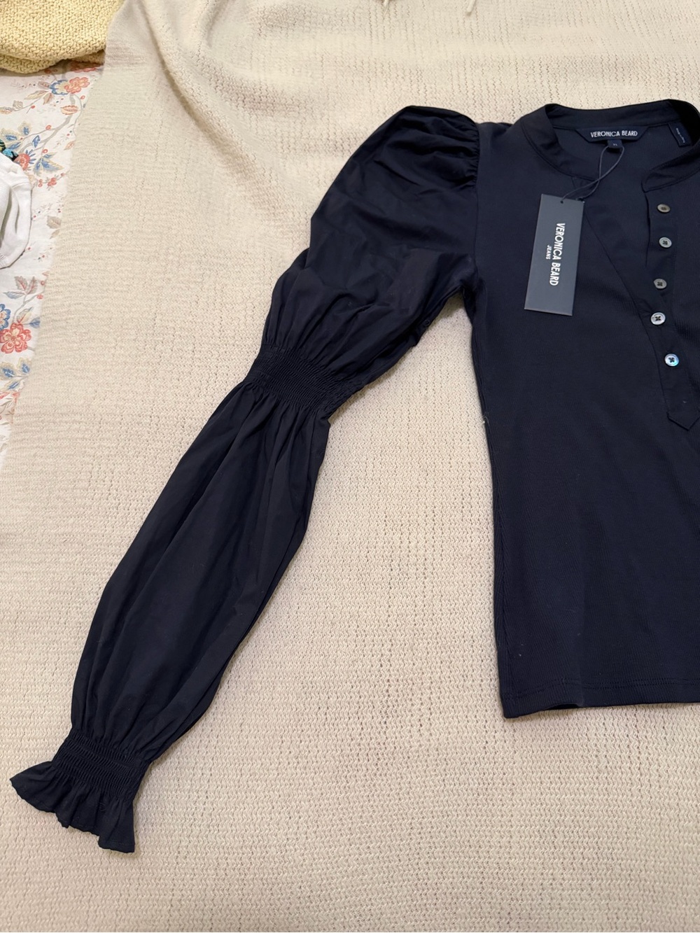 Veronica Beard Black Puff-Sleeve Henley with Smocked Cuffs